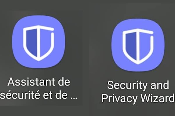An app with a purple icon with a shield, called “Security and Privacy Wizard” translated into multiple languages.