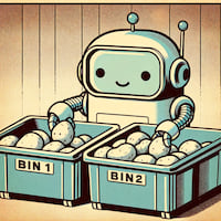 A 1970s cartoon style illustration of a cute robot sorting potatoes