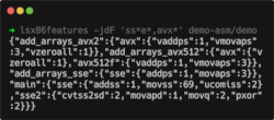 Output of `lsx86features -jdF 'ss*e*,avx*' demo-asm/demo`