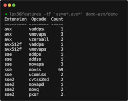 Output of `lsx86features -tF 'ss*e*,avx*' demo-asm/demo`