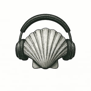 A scallop shell listening to podcasts on headphones