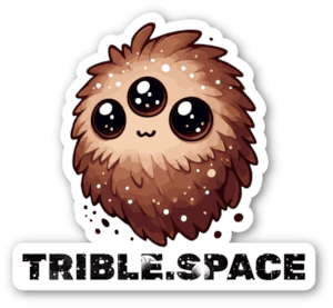 The mascot of the trible.space a cute fluffy trible with three eyes.