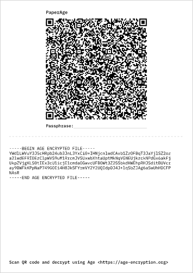 A4 sheet with a title of ‘PaperAge’, a QR code, and a PEM encoded section