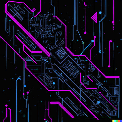 A DALL-E representation of a 
photo of a computer circuit in cyberpunk style with a dark theme