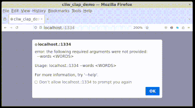 Screencast of the cliw_clap_demo program running in web page with popup alerts showing a variety of clap help messages.