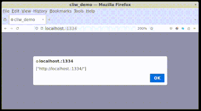 Screencast of the cliw_demo program running in web page with popup alerts showing a variety of clap help messages.