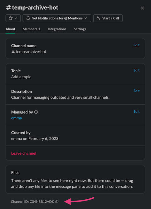 Screenshot of Slack channel info with an arrow pointing to the Channel ID at the bottom of the window.