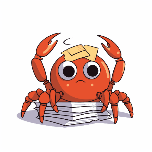 Adorable 2D cartoon crab fumbling with papers