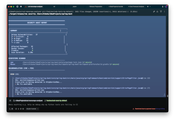 Interactive TUI showing findings