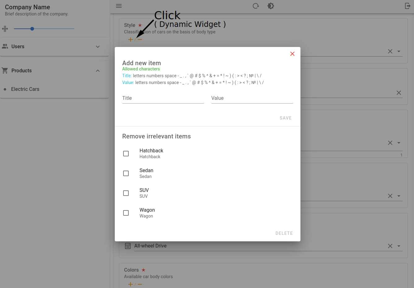 Example of using a dynamic widget