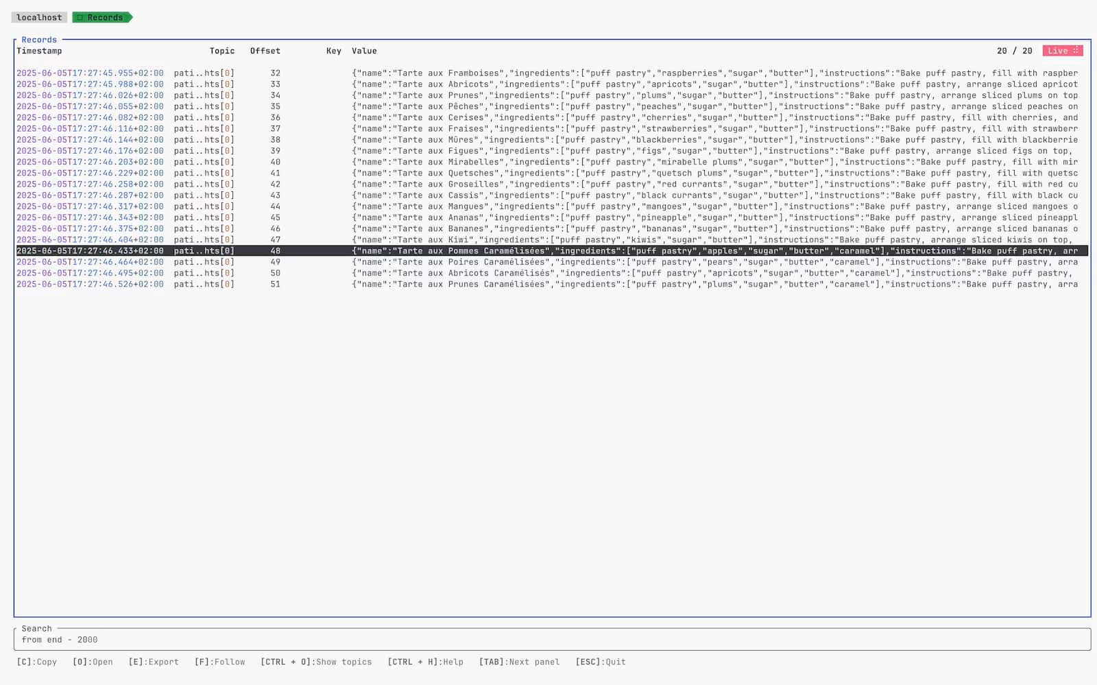 A TUI listing the consumed kafka records with their timestamps, their partition, their offset and an excerpt of the key and the value.