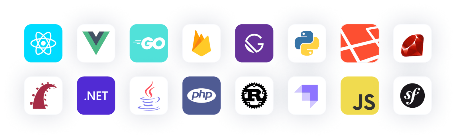 Logos belonging to different languages and frameworks supported by Meilisearch, including React, Ruby on Rails, Go, Rust, and PHP