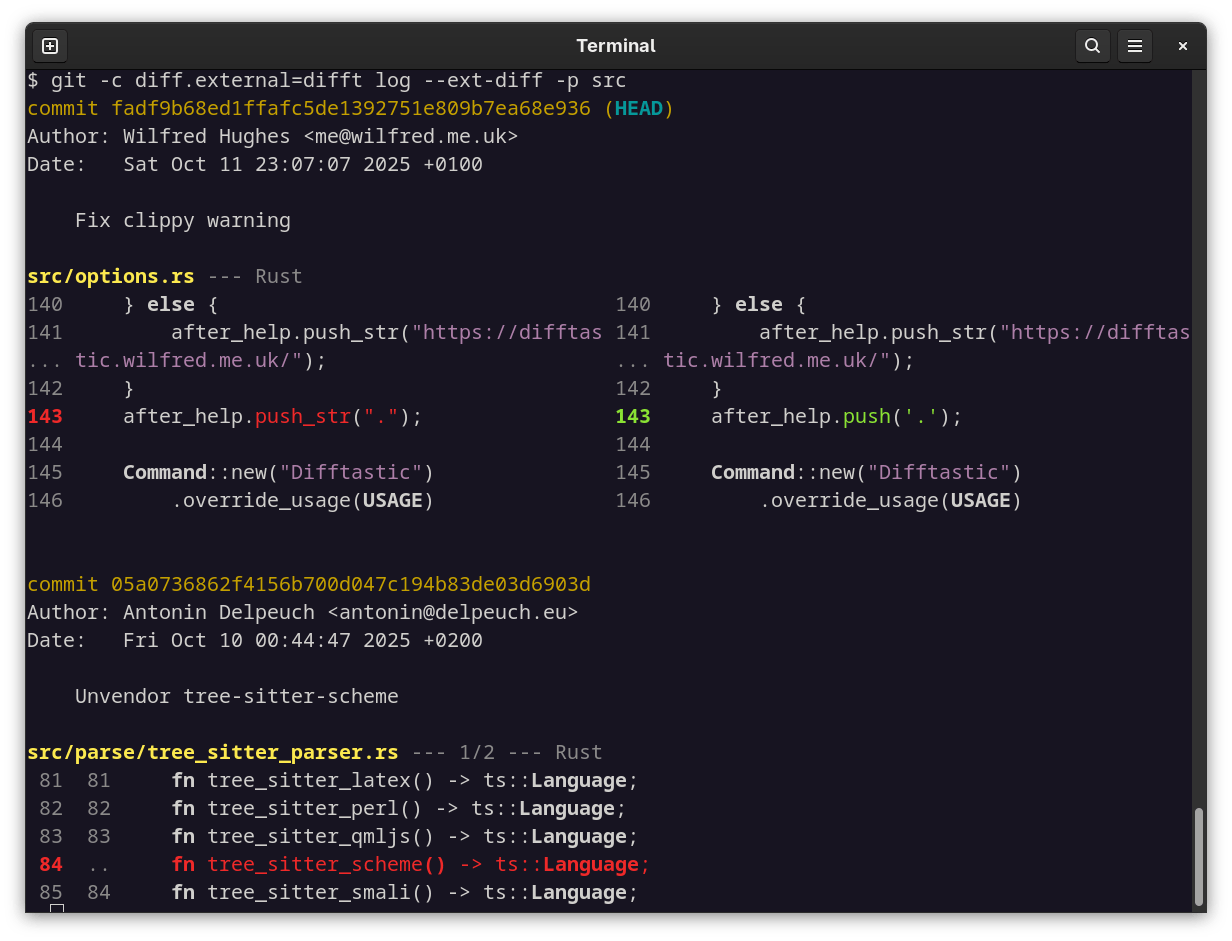 Screenshot of difftastic and git
