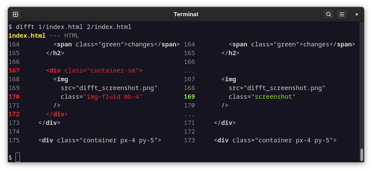 Screenshot of difftastic and HTML