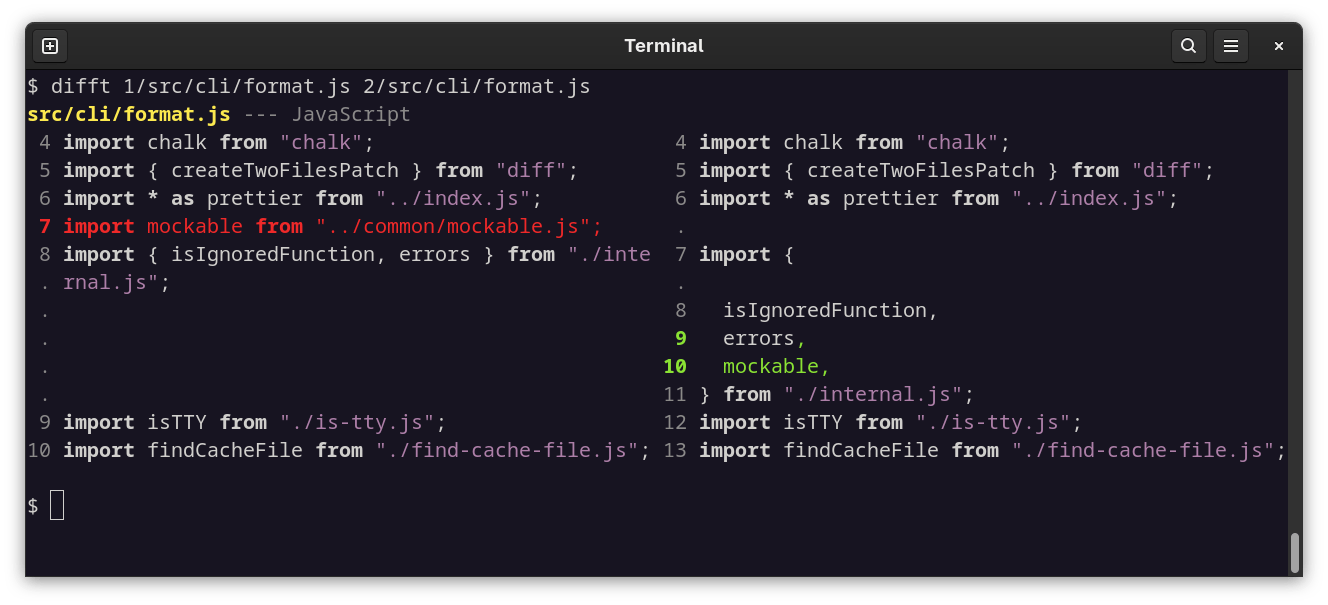 Screenshot of difftastic and JS