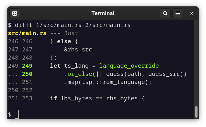 Screenshot of difftastic and Rust
