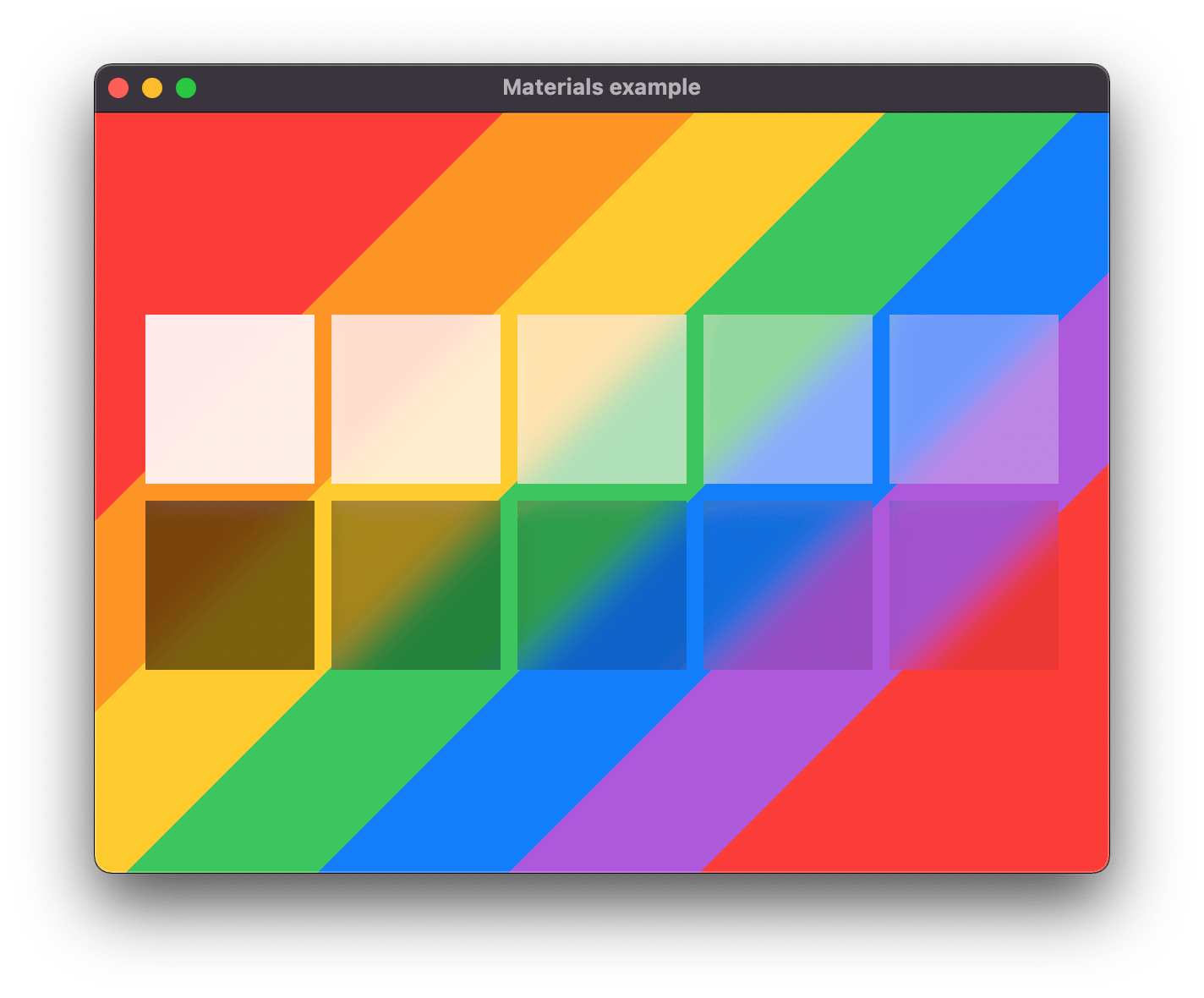 A window that shows different materials applied to rectangles on colored backgrounds