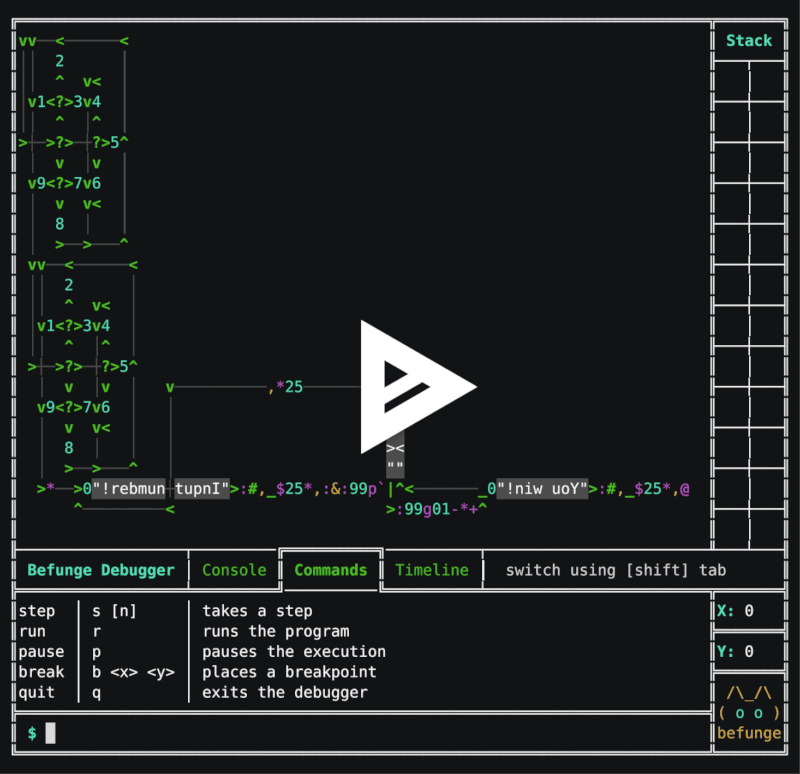 A terminal window displaying the Terminal User Interface (TUI) of a debugger for the Befunge esoteric programming language. It is made up of Box Drawing Characters and styled with ANSI color codes. It has a main program area displaying a program for a simple guessing game that picks a random number that you try to guess,, a sidebar with an empty table titled Stack, and a set of tabs at the bottom called Console, Commands, and Timeline.