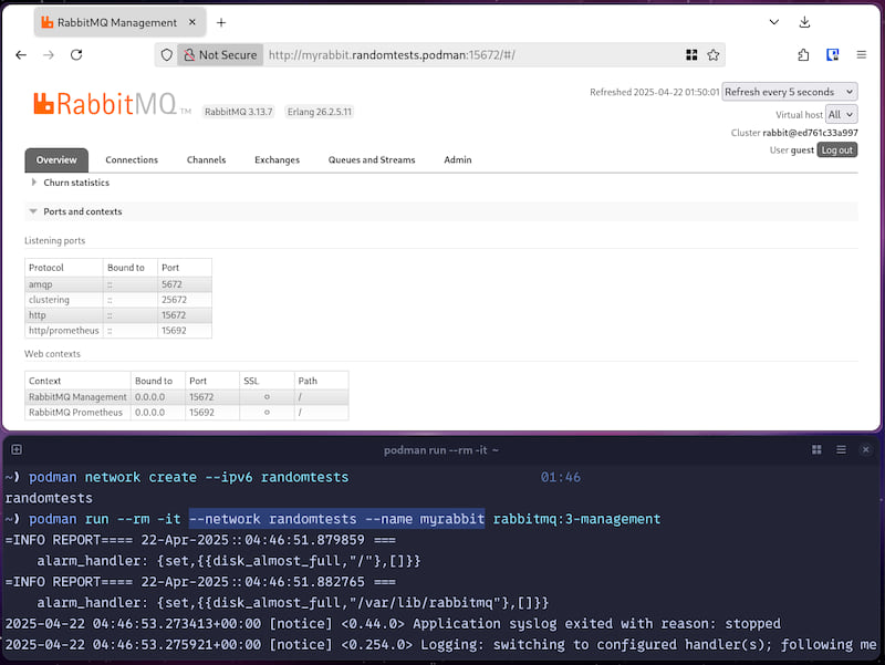 Screenshot showing a RabbitMQ admin console at http://myrabbit.randomtests.podman:15672 and a terminal running the RabbitMQ container with podman run --rm -it --network randomtests --name myrabbit rabbitmq:3-management