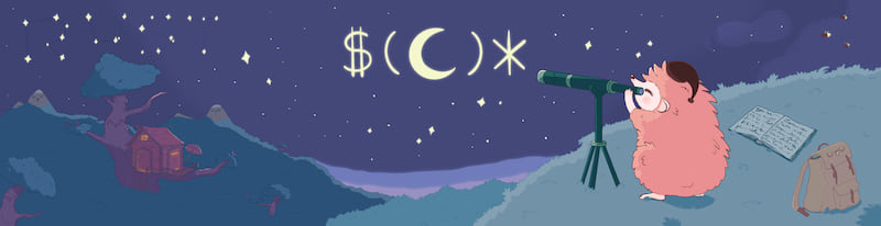 A young hedgehog standing on top of a hill. They are looking at the moon through a telescope. The moon is surrounded by $( on its left and )* on its right. The sky is clear, plenty of stars are visible. In the background, there's a forest, and a treehouse, and a bunch of mountains.