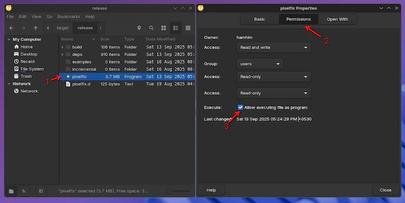 Nemo inside KDE Plasma on the properties menu of pixelfix