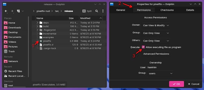 Dolphin inside KDE Plasma on the properties menu of pixelfix