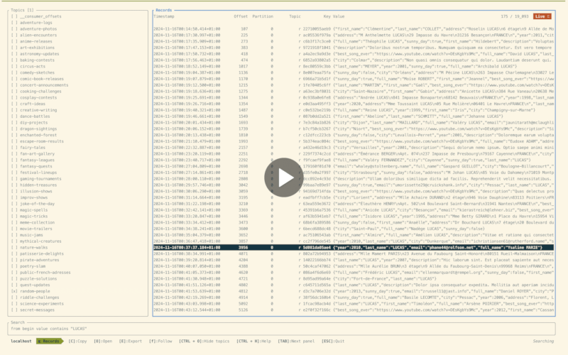 Demo of Yozefu. In this demo, the user selects a topic and sees and real time new records published to Kafka.