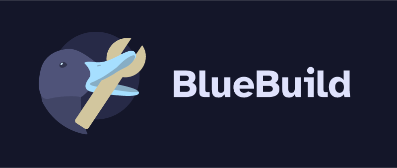 BlueBuild. A minimal logo with a blue-billed duck holding a golden wrench in its beak.