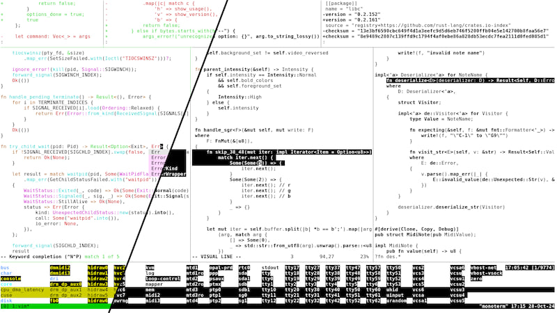 A screenshot of a terminal with a line separating the image into two parts. The left side includes many colors, while the right side is entirely black and white.