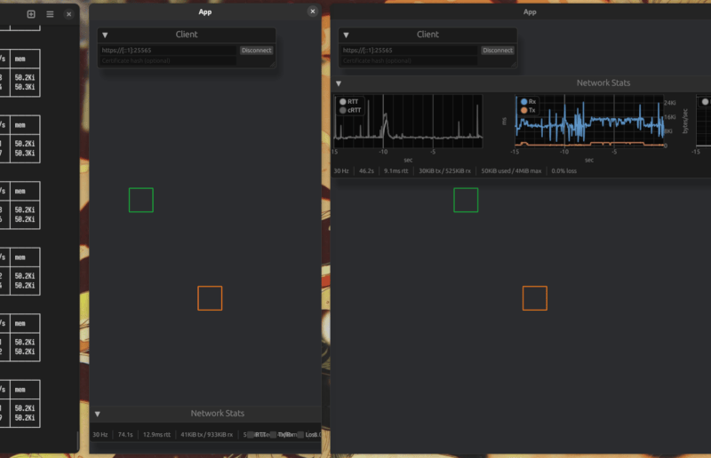Screenshot of the move_box example, showing some server log output in the console, and two connected clients represented as boxes controlled by the user