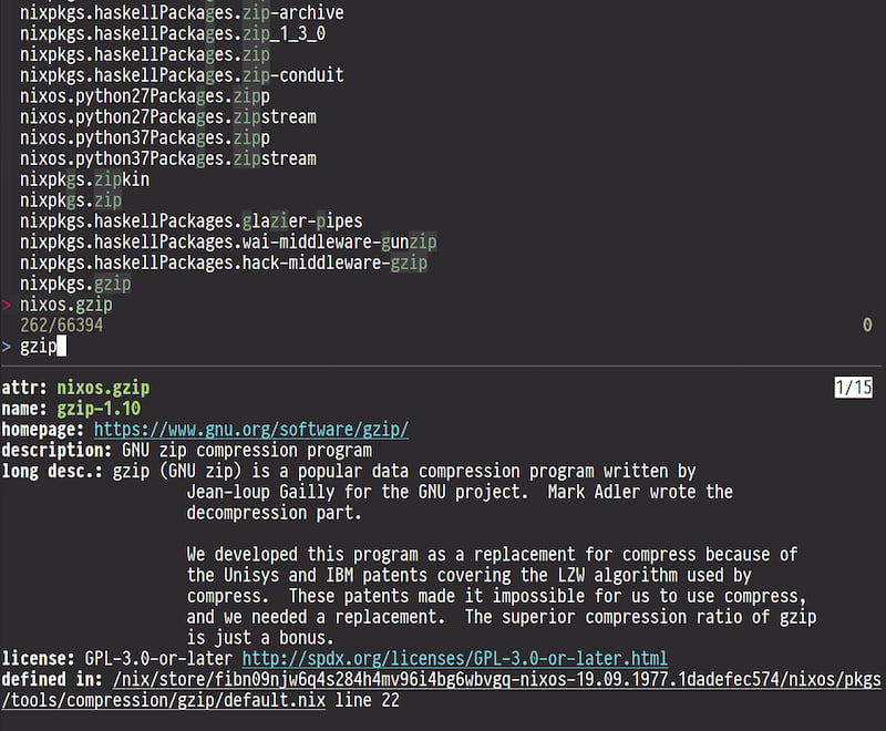 A screenshot of nix-query running, displaying a fuzzy-search for gzip and a preview pane displaying information about the package such as its version, license, long description, homepage, and more.