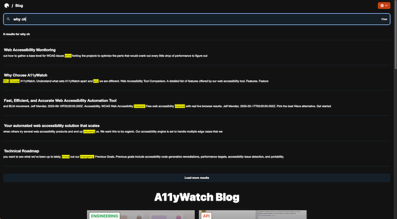 Example of pagefind being used with the A11yWatch blog