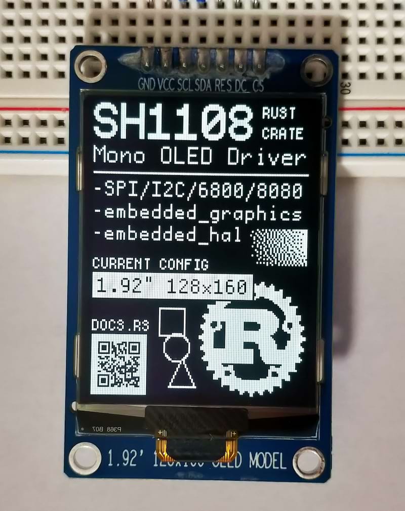 SH1108 display module showing information about the Rust driver crate