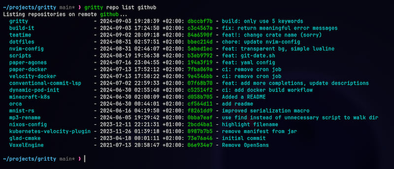 gritty list command output