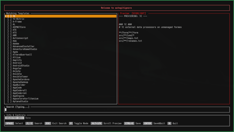 autogitignore TUI screenshot