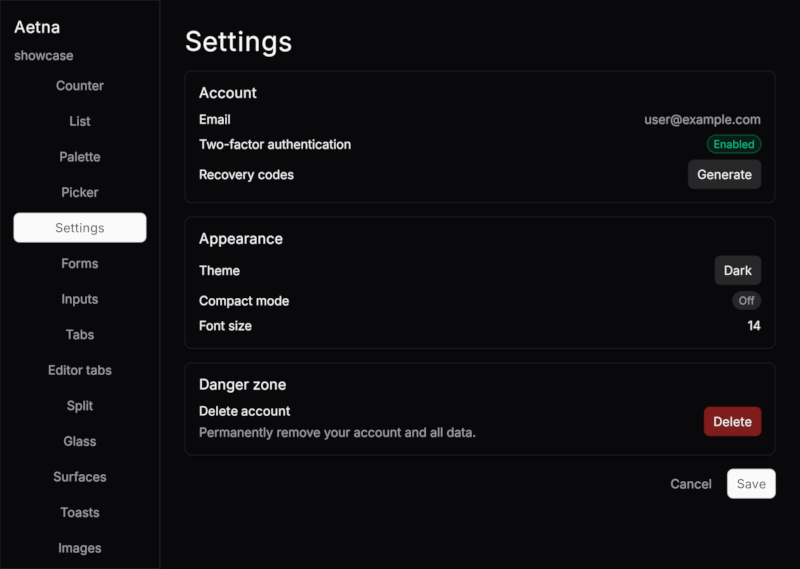 Settings section — running through the native winit + wgpu host