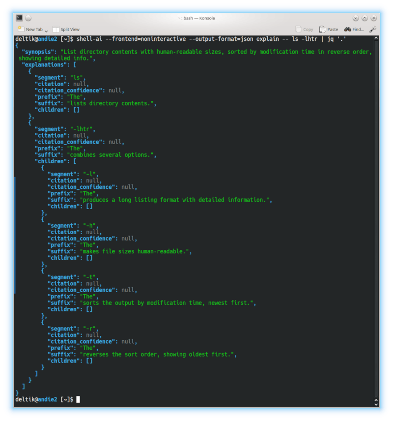 shell-ai --frontend=noninteractive --output-format=json explain -- ls -lhtr | jq '.'