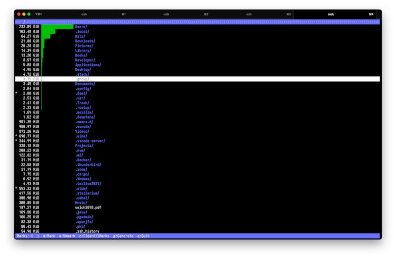 Screenshot of redu showing the contents of a repo with some marks active