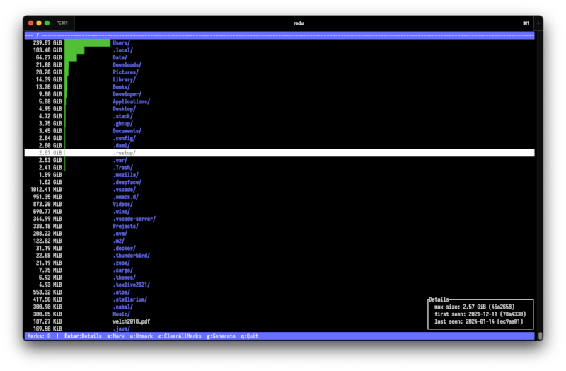 Screenshot of redu showing the contents of a repo with details open