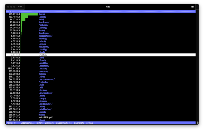 Screenshot of redu showing the contents of a repo