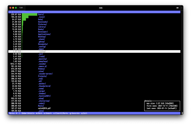 Screenshot of redu showing the contents of a repo with details open