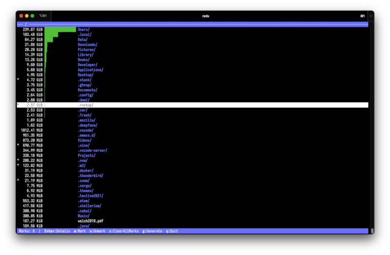 Screenshot of redu showing the contents of a repo with some marks