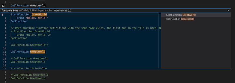 An example of the goto references function for a "GreetWorld" function being shown in Visual Studio Code for a functions example script.