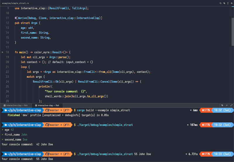 Usage example showing a simple struct annotated with interactive-clap