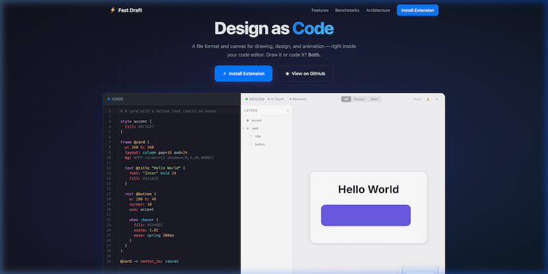 Code Mode (left) shows .fd text — Canvas Mode (right) renders it live