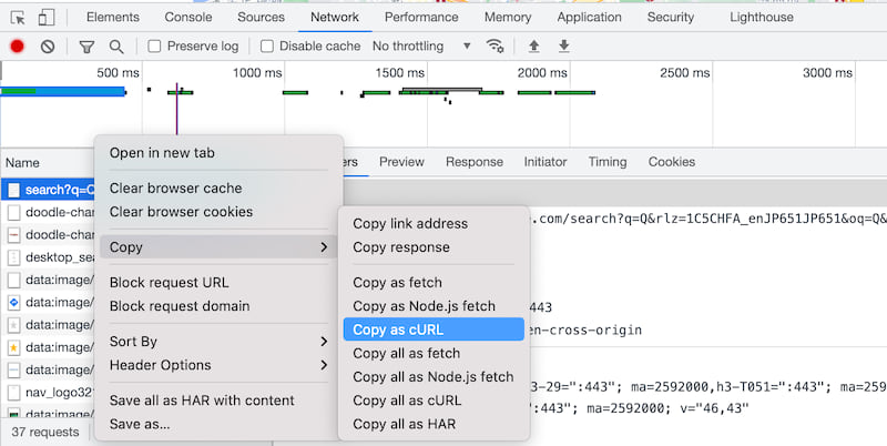 Copy as cURL from developer tools in chrome