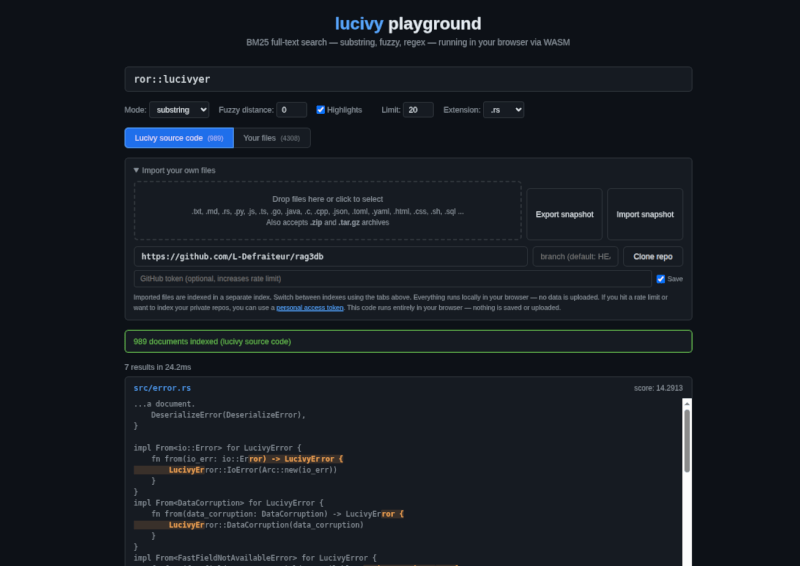 Lucivy Playground — searching "ror::lucivyer" finds "Error::LucivyError" across token boundaries, 7 results in 24ms
