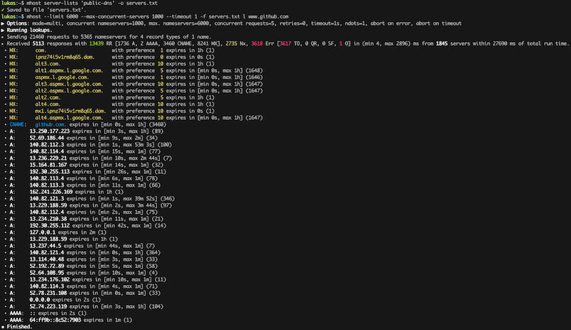 Default lookup with servers list for github.com.