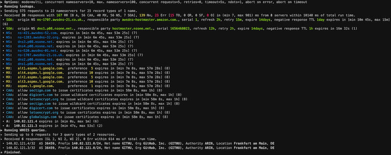 Multi lookup for all available records of github.com.