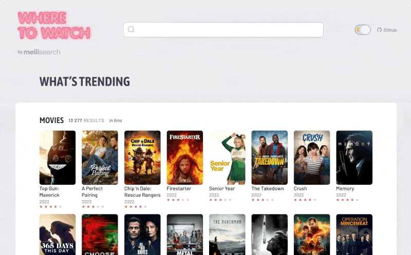 A bright colored application for finding movies screening near the user